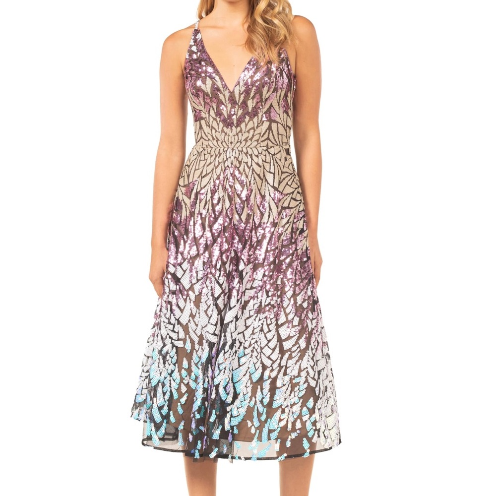 Dress the Population Multicolor Sequin Midi Dress - Pink, Gold, Blue